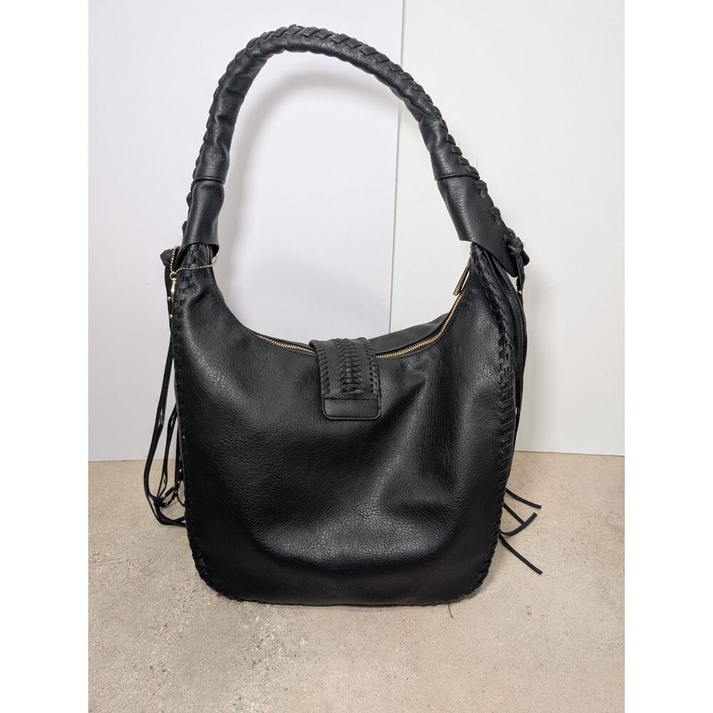 Big Buddha Black Vegan Leather Hobo Bag Whipstitch Tassels Braided Strap Boho - Picture 7 of 16